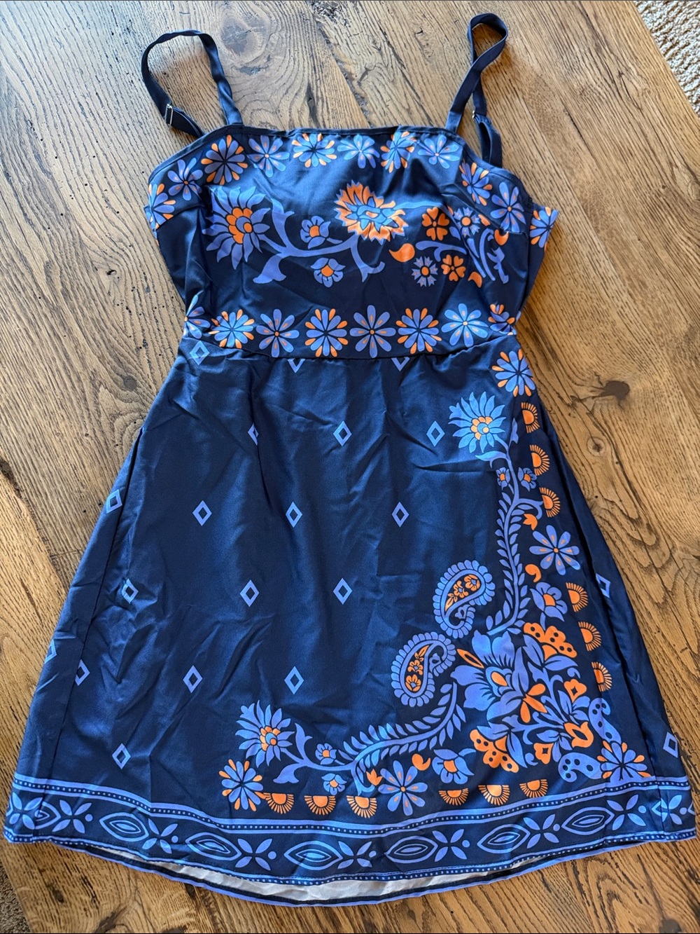 Navy Floral Paisley Mini Dress with Blue and Orange Print